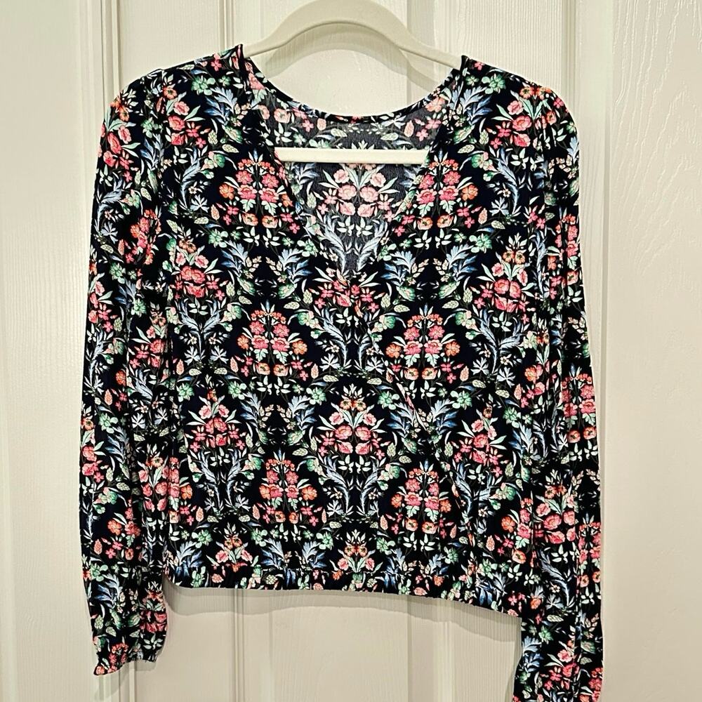 Ann Taylor Loft Floral Trellis Wrap Back Top Blouse‎ Womens Medium M Navy - Picture 2 of 8